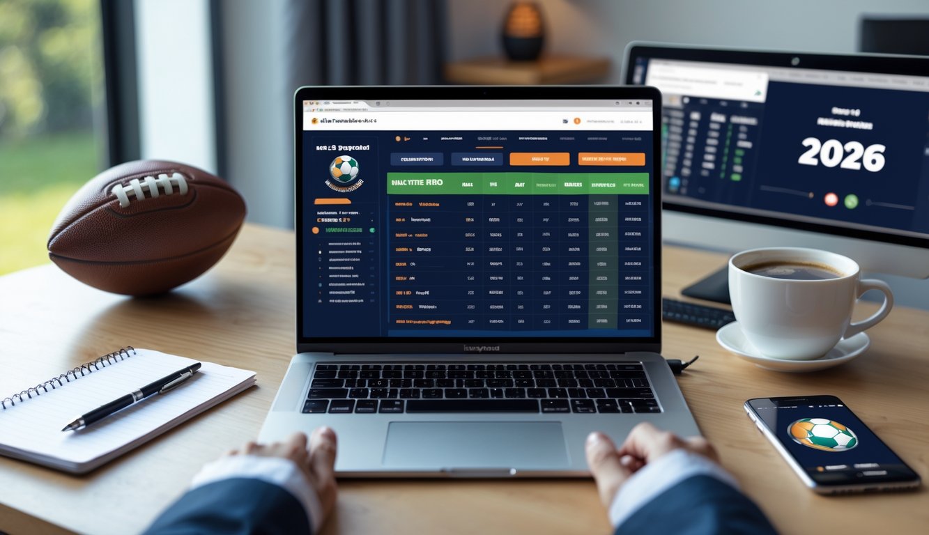 Sebuah meja kerja dengan laptop menampilkan statistik pertandingan sepak bola dan opsi taruhan, dikelilingi oleh ponsel, cangkir kopi, dan catatan, dengan bola sepak dan jam di latar belakang.