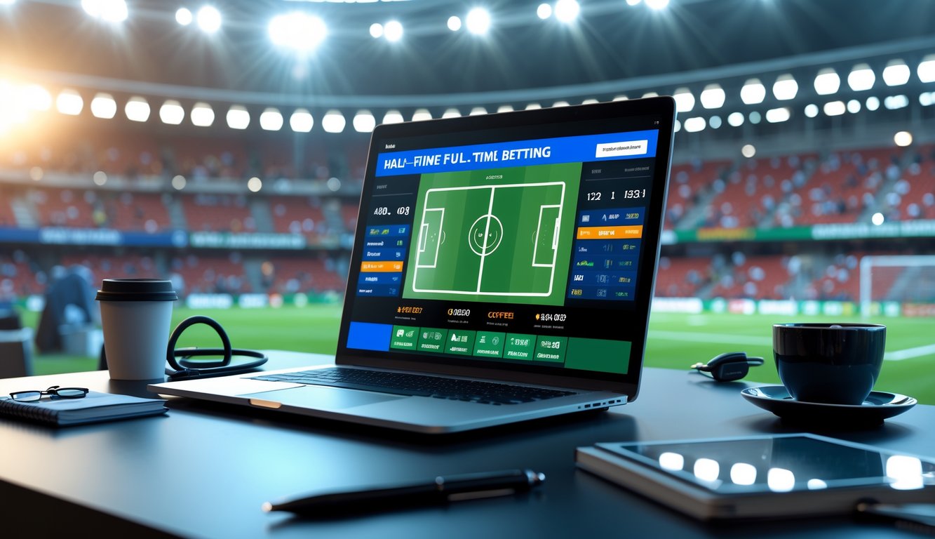 Meja kerja modern dengan laptop menampilkan situs taruhan bola online, dengan latar belakang stadion sepak bola dan elemen keamanan di sekitar meja.
