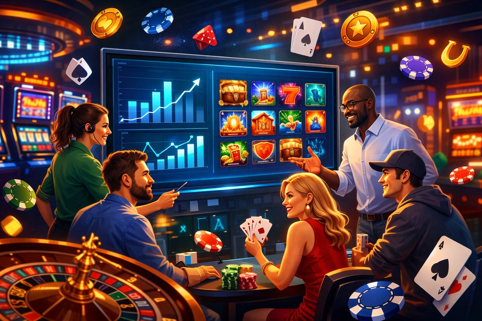 A Casino Scene Showing Diverse People Engaging With Digital Slot Machines And Card Games, With A Large Screen Displaying Game Icons And Charts In The Background.