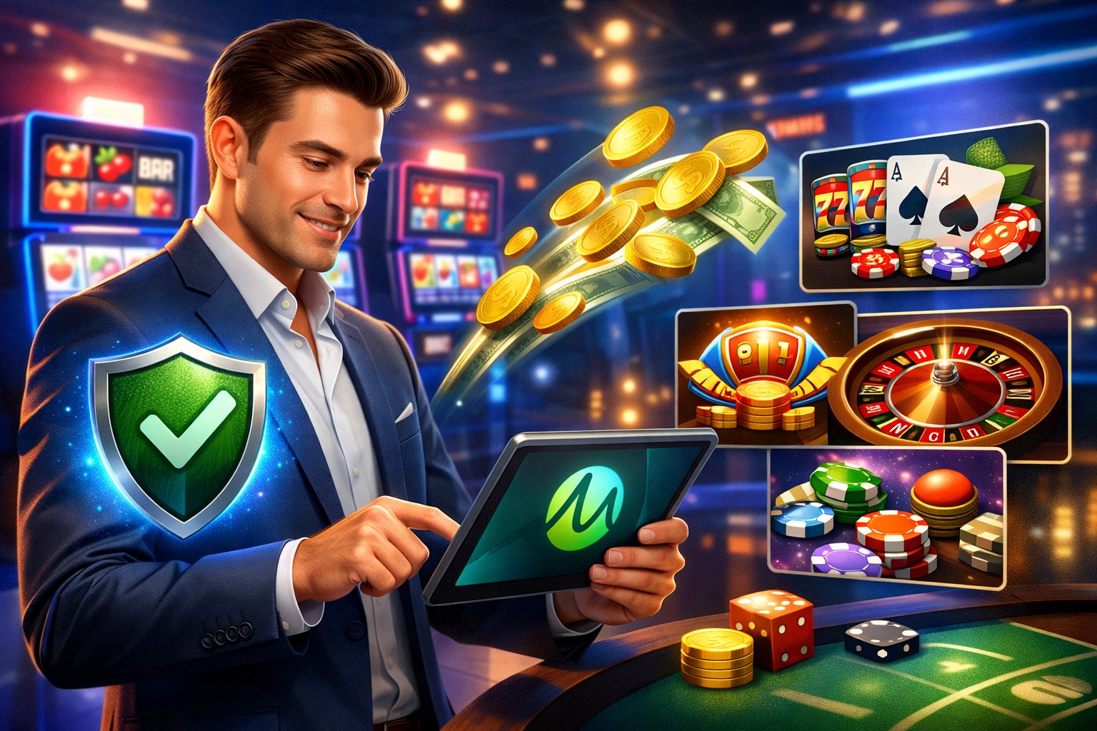 A Person Playing Digital Casino Games With Slot Machines And Gaming Icons Representing Security, Fast Payouts, And Diverse Options In A Modern Casino Setting.