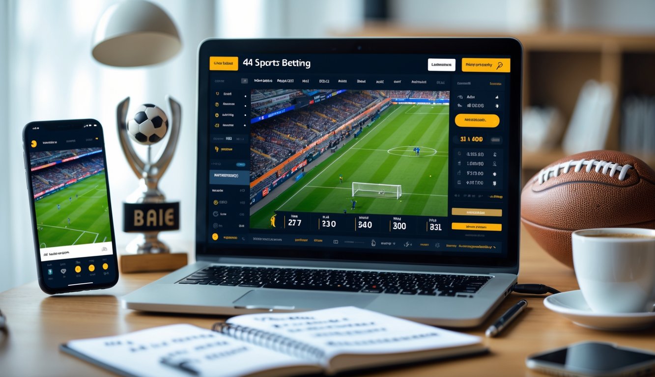 Seorang pria duduk di depan laptop yang menampilkan pertandingan sepak bola dengan grafik taruhan, dikelilingi oleh ponsel, catatan, dan cangkir kopi di meja kerja.