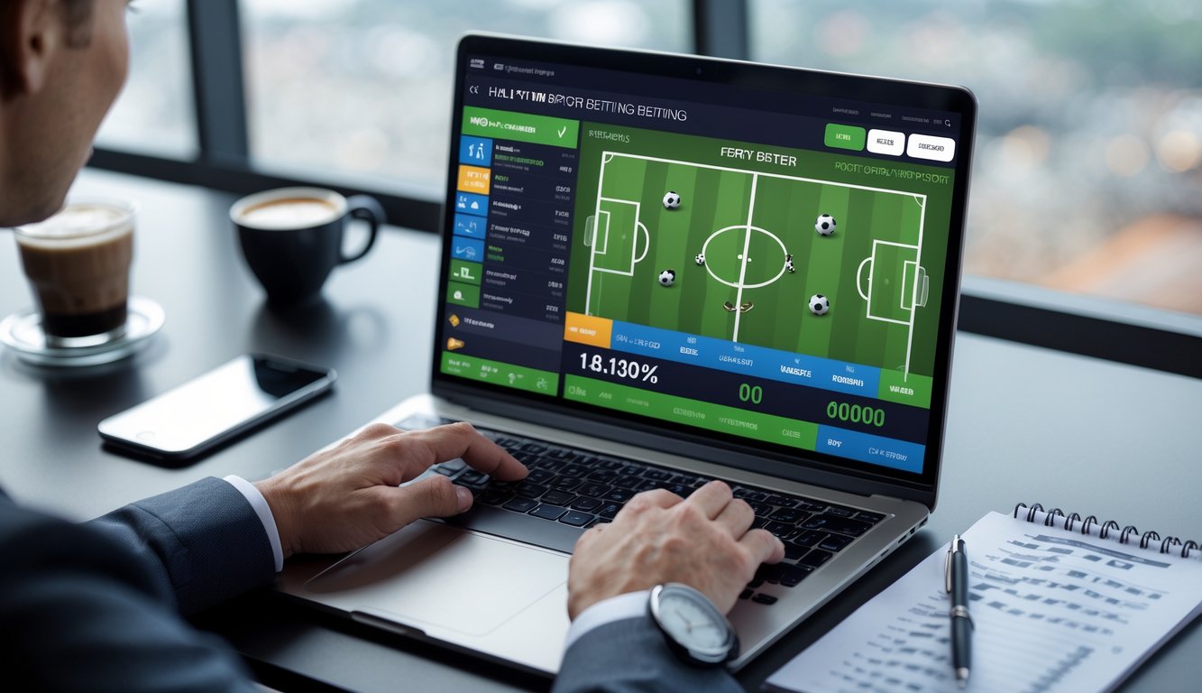 Seorang pengguna bekerja dengan laptop yang menampilkan antarmuka taruhan sepak bola online dengan statistik pertandingan dan konfirmasi transaksi cepat.