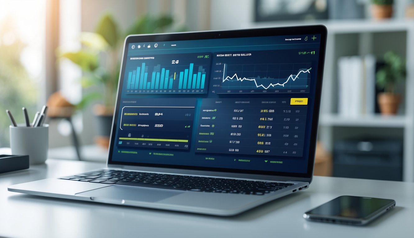 Seorang pria menggunakan laptop dan ponsel untuk memasang taruhan bola online di meja kerja dengan latar belakang kantor rumah yang rapi.