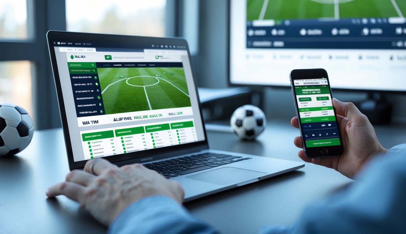 Seorang pria menggunakan laptop dan ponsel di meja kerja dengan tema taruhan bola, terdapat bola sepak kecil di meja dan layar dengan gambar stadion di latar belakang.