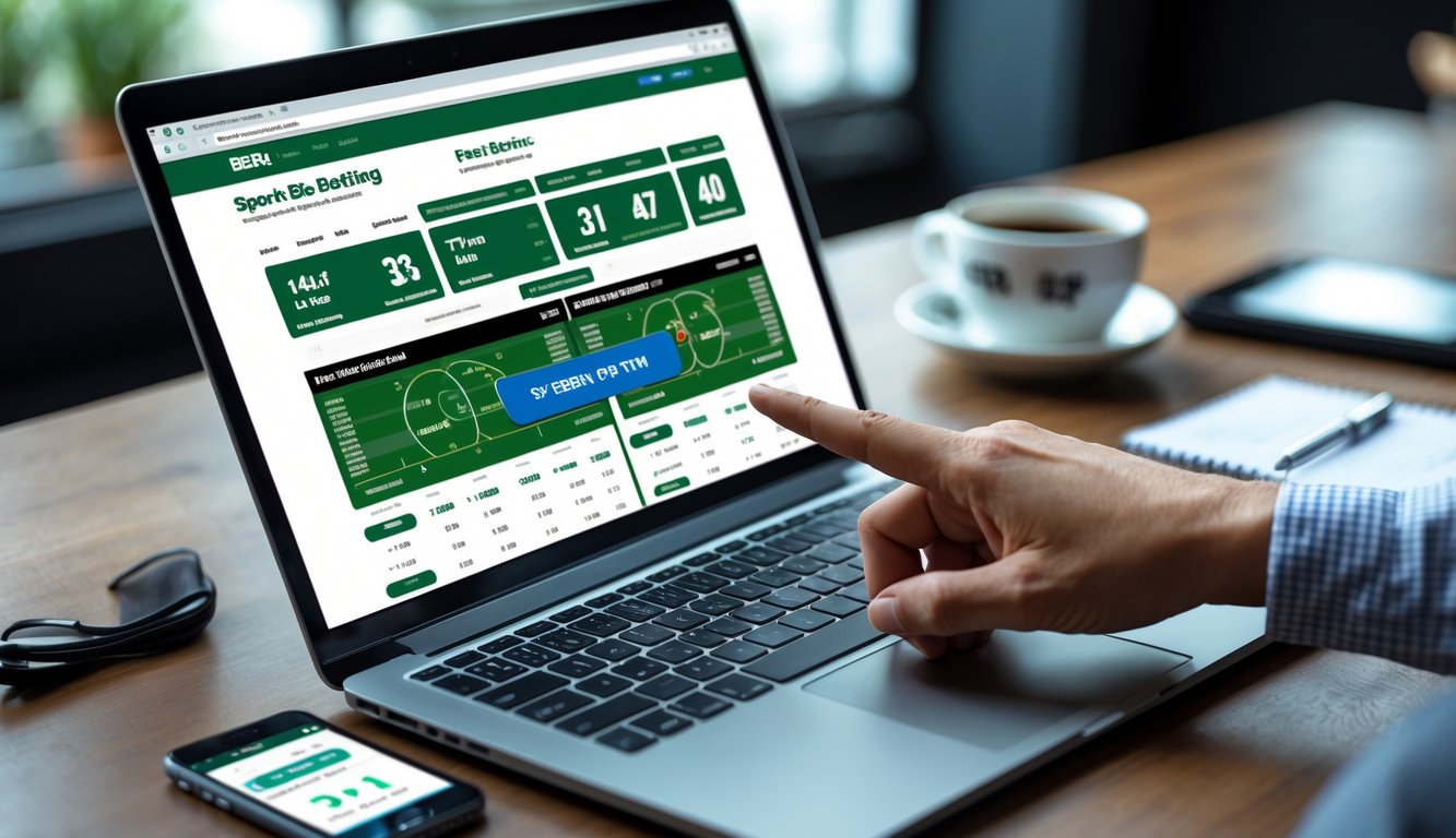 Seseorang menggunakan laptop di meja kerja dengan tampilan situs taruhan bola online, dikelilingi oleh ponsel, kopi, dan buku catatan.