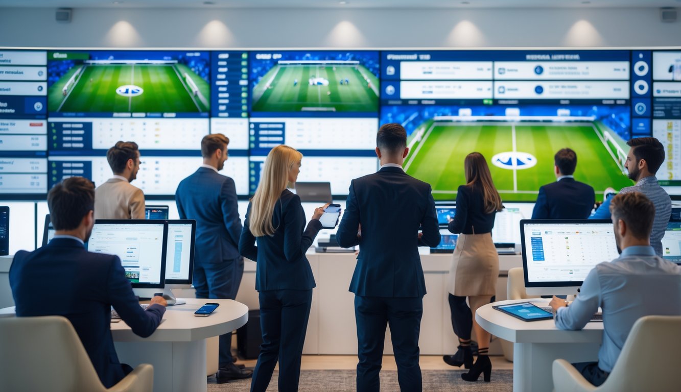 Beberapa orang sedang menggunakan perangkat digital untuk memasang taruhan sepak bola paruh waktu dan penuh waktu di lingkungan kantor modern.