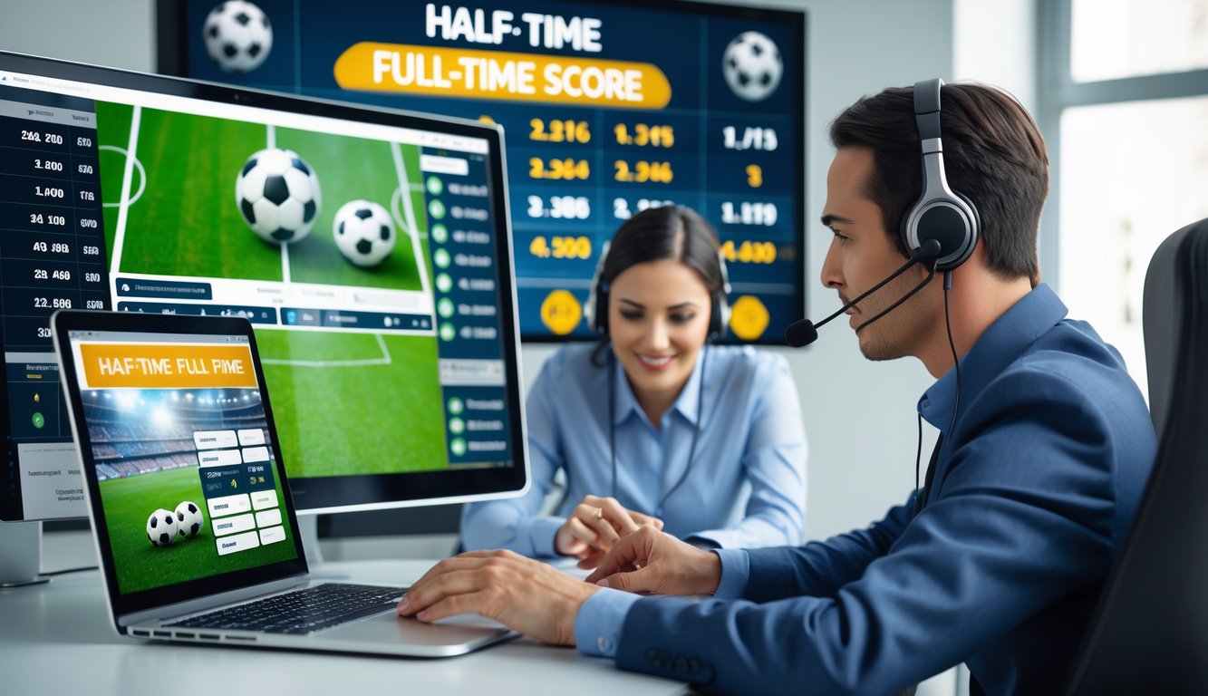 Seorang petugas layanan pelanggan dengan headset sedang membantu pelanggan di depan laptop yang menampilkan skor pertandingan sepak bola setengah waktu dan waktu penuh.