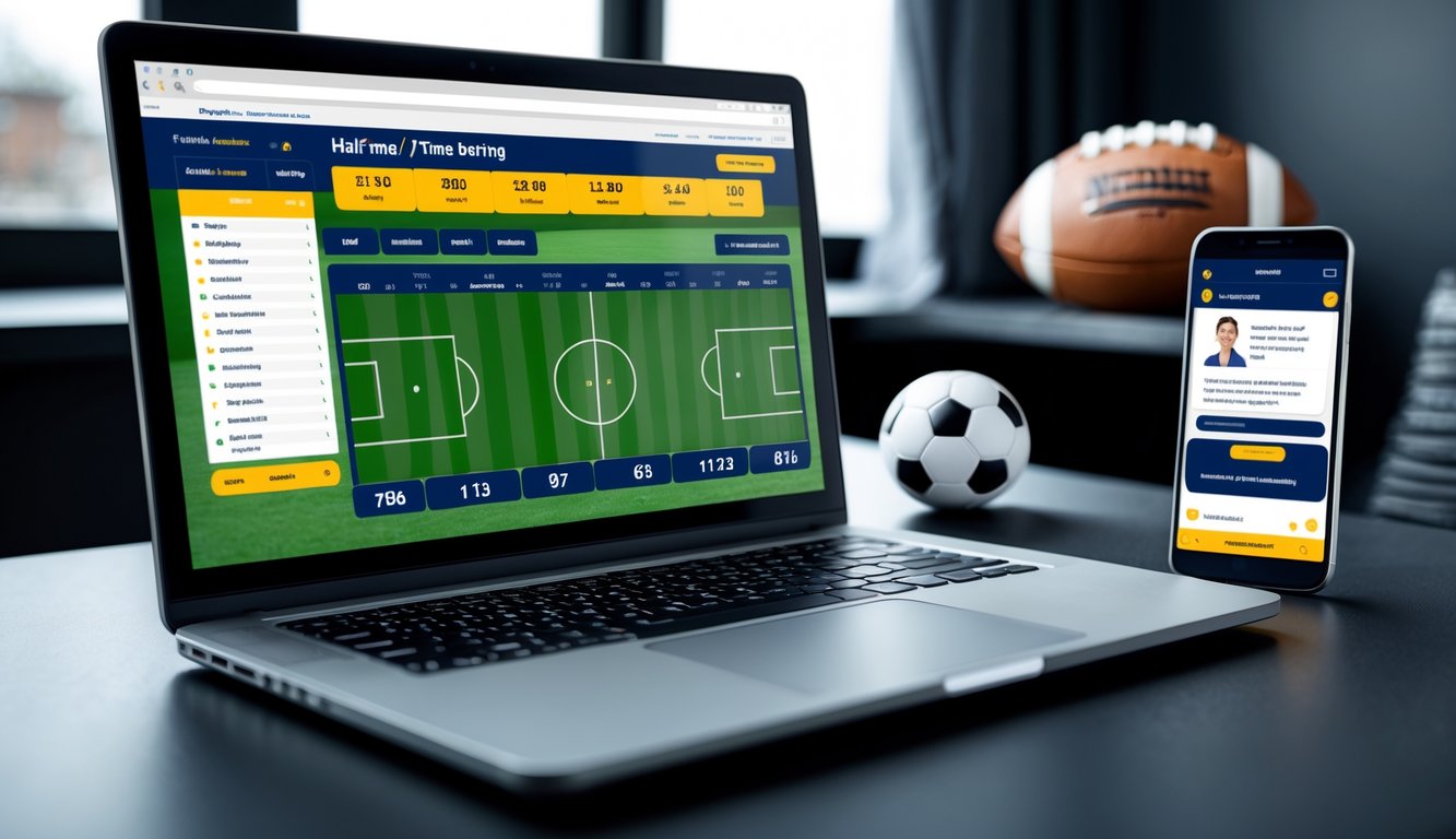 Seorang pengguna sedang melihat situs taruhan bola online di komputer dengan ponsel menampilkan layanan pelanggan di meja kerja yang rapi.