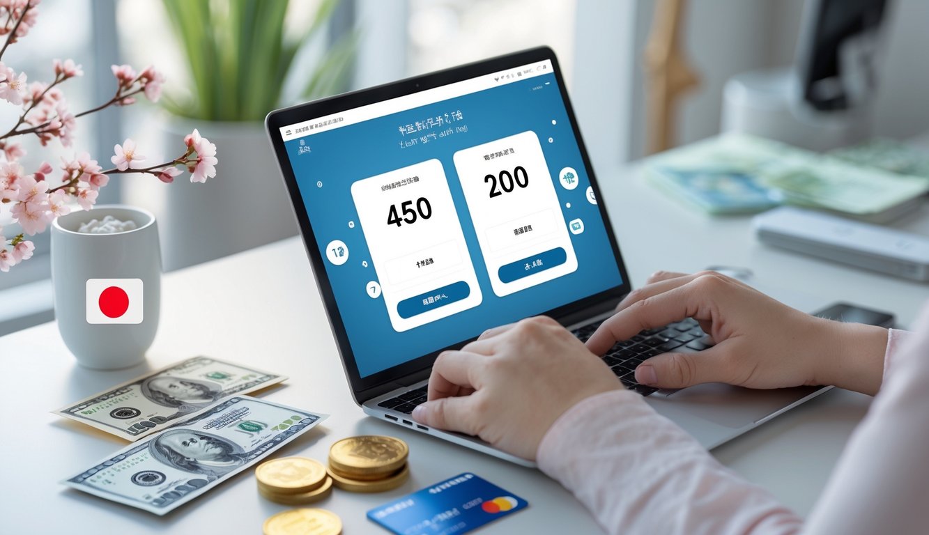 Seorang pengguna sedang mengakses situs lotere Jepang resmi di perangkat digital dengan latar belakang meja kerja yang rapi dan elemen simbol Jepang di sekitarnya.