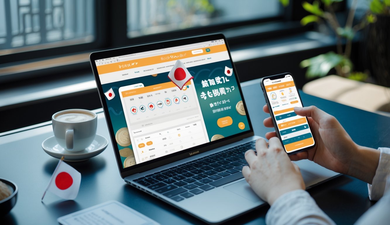 Orang menggunakan laptop dan smartphone di meja kerja dengan elemen budaya Jepang, menunjukkan aktivitas taruhan togel online.