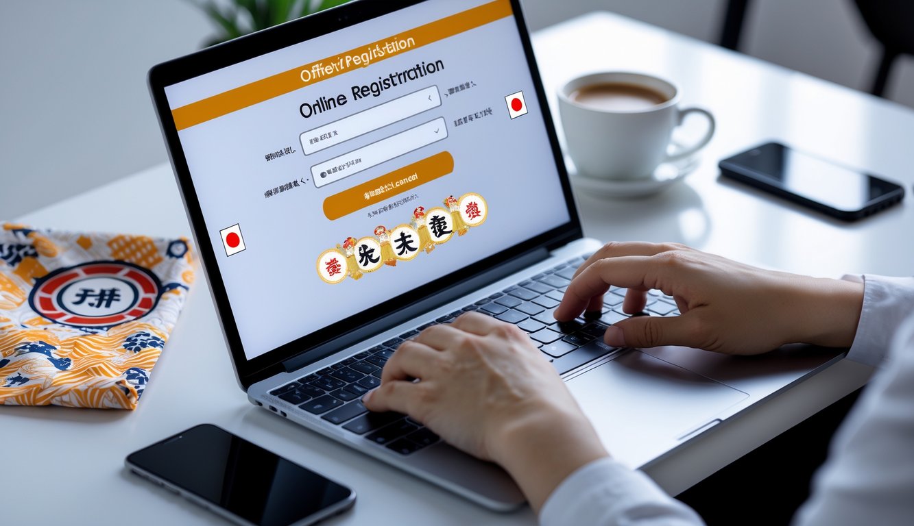 Seorang pengguna mengetik di laptop dengan layar formulir pendaftaran online Togel Jepang di meja kerja yang rapi dan terang.