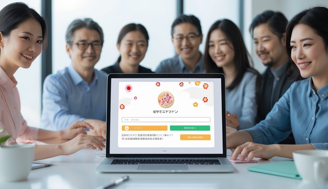 Orang-orang menggunakan perangkat digital di ruang kerja modern dengan latar belakang elemen Jepang yang halus.
