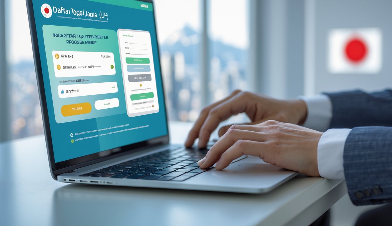 Seseorang mengetik di laptop dengan tampilan antarmuka pendaftaran togel online Jepang yang mudah digunakan, di meja kerja yang rapi dengan latar belakang elemen khas Jepang.