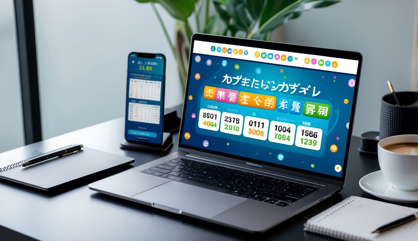 Meja kerja dengan laptop yang menampilkan situs togel Jepang, ponsel, kopi, dan buku catatan.