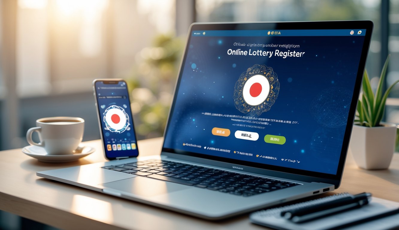 Sebuah laptop di meja kerja dengan tampilan aplikasi togel Jepang, dikelilingi oleh ponsel, kopi, dan buku catatan.