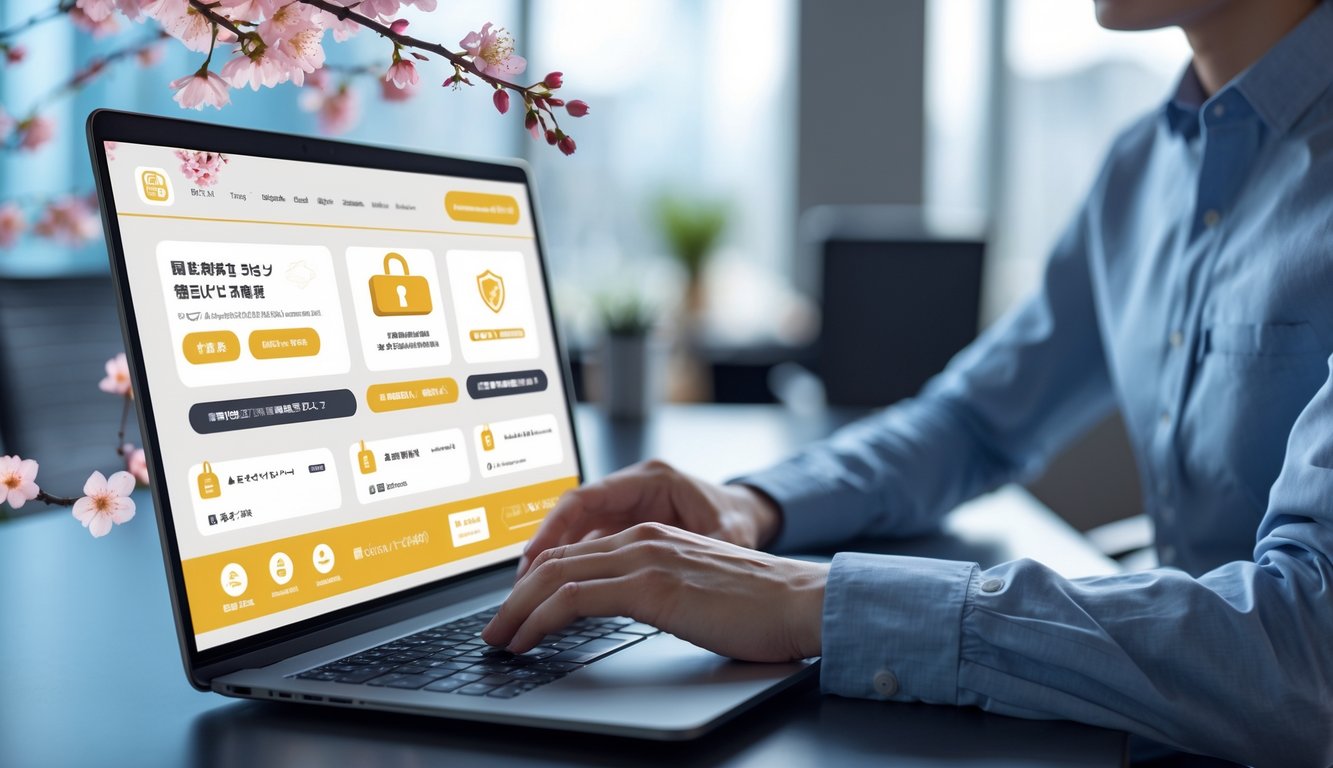 Seseorang menggunakan laptop di kantor modern dengan tampilan platform lotere online yang aman dan profesional.