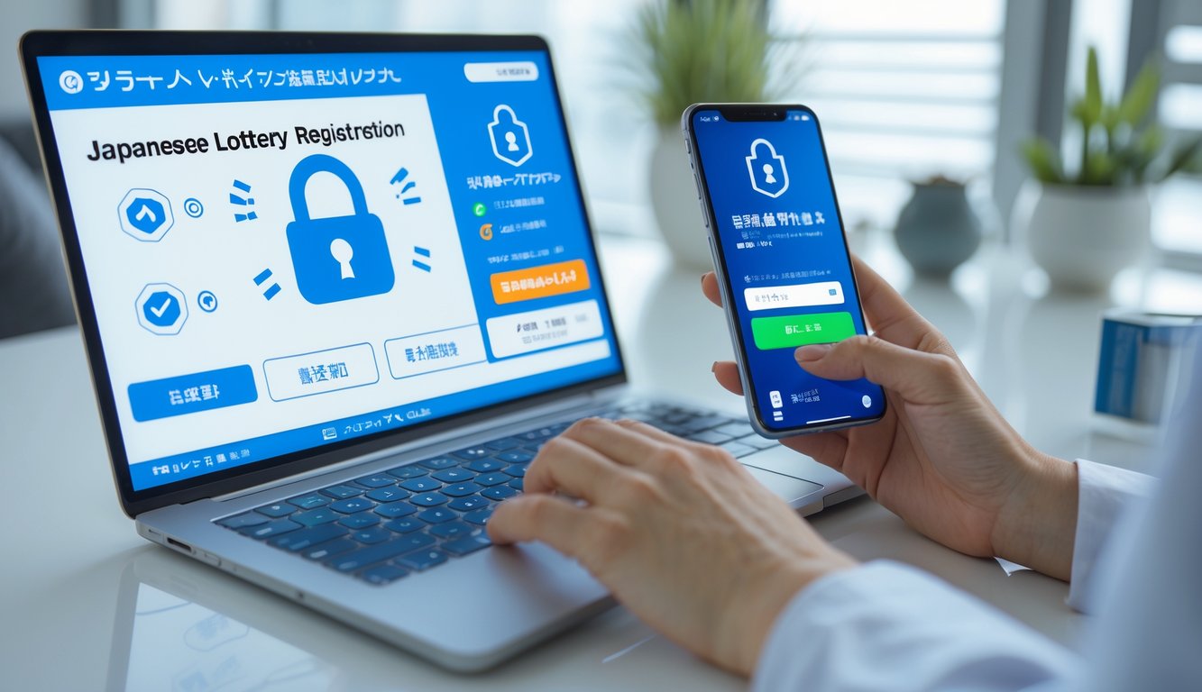 Seorang pengguna sedang melakukan pembayaran online yang aman di laptop dengan latar belakang elemen budaya Jepang kecil.