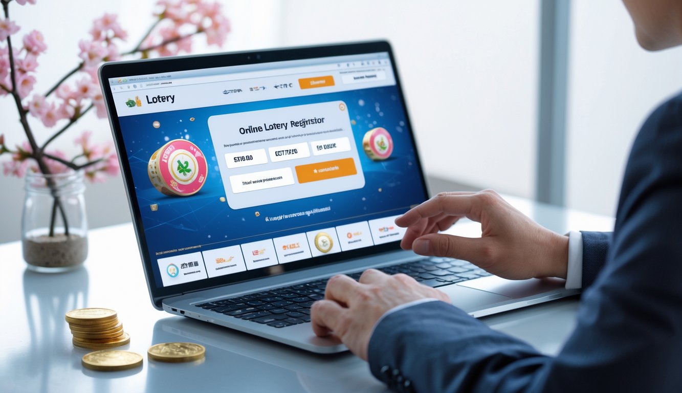 Seorang profesional menggunakan laptop di meja kerja dengan dekorasi Jepang kecil di latar belakang, menggambarkan suasana platform togel online yang resmi dan terpercaya.
