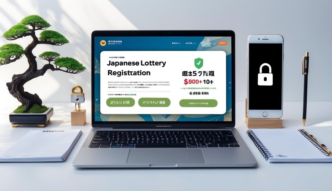 Meja kerja dengan laptop yang menampilkan situs pendaftaran togel Jepang online, ponsel dengan notifikasi bonus, dan tanaman bonsai kecil di latar belakang.