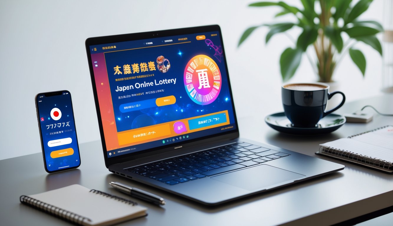 Seorang pengguna sedang bekerja di depan laptop dengan tampilan antarmuka permainan online bertema Jepang, dikelilingi oleh ponsel, kopi, dan alat tulis di meja kerja.