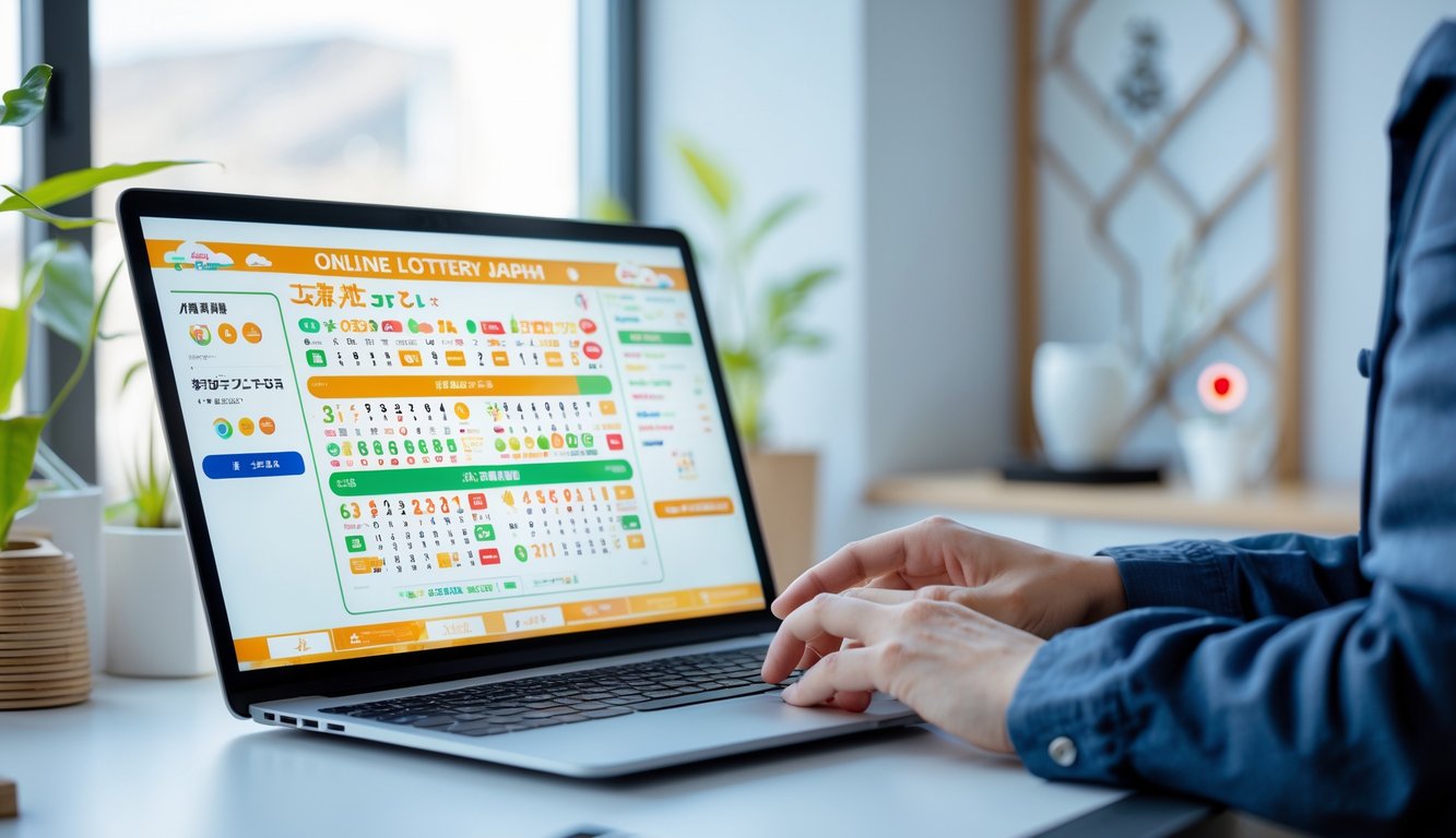 Meja kerja modern dengan laptop yang menampilkan antarmuka digital terkait lotere Jepang, dengan latar belakang elemen budaya Jepang dan tangan seseorang yang sedang menggunakan laptop.