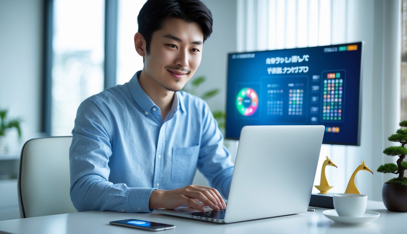 Seorang pria Asia muda menggunakan laptop di ruang kerja rumah yang terang dengan elemen dekorasi Jepang dan perangkat digital di meja.