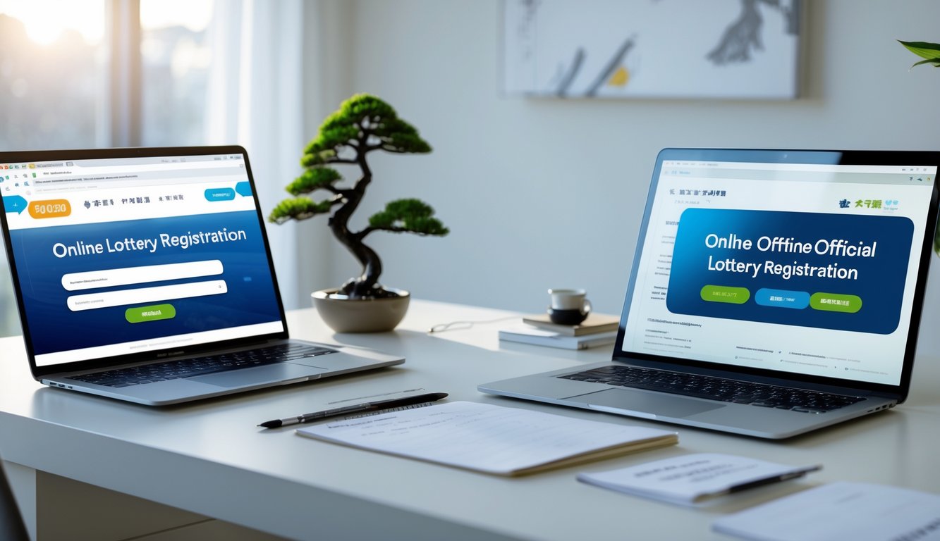 Meja kerja modern dengan laptop dan ponsel yang menampilkan aplikasi togel, dilengkapi tanaman bonsai kecil di sudut meja.