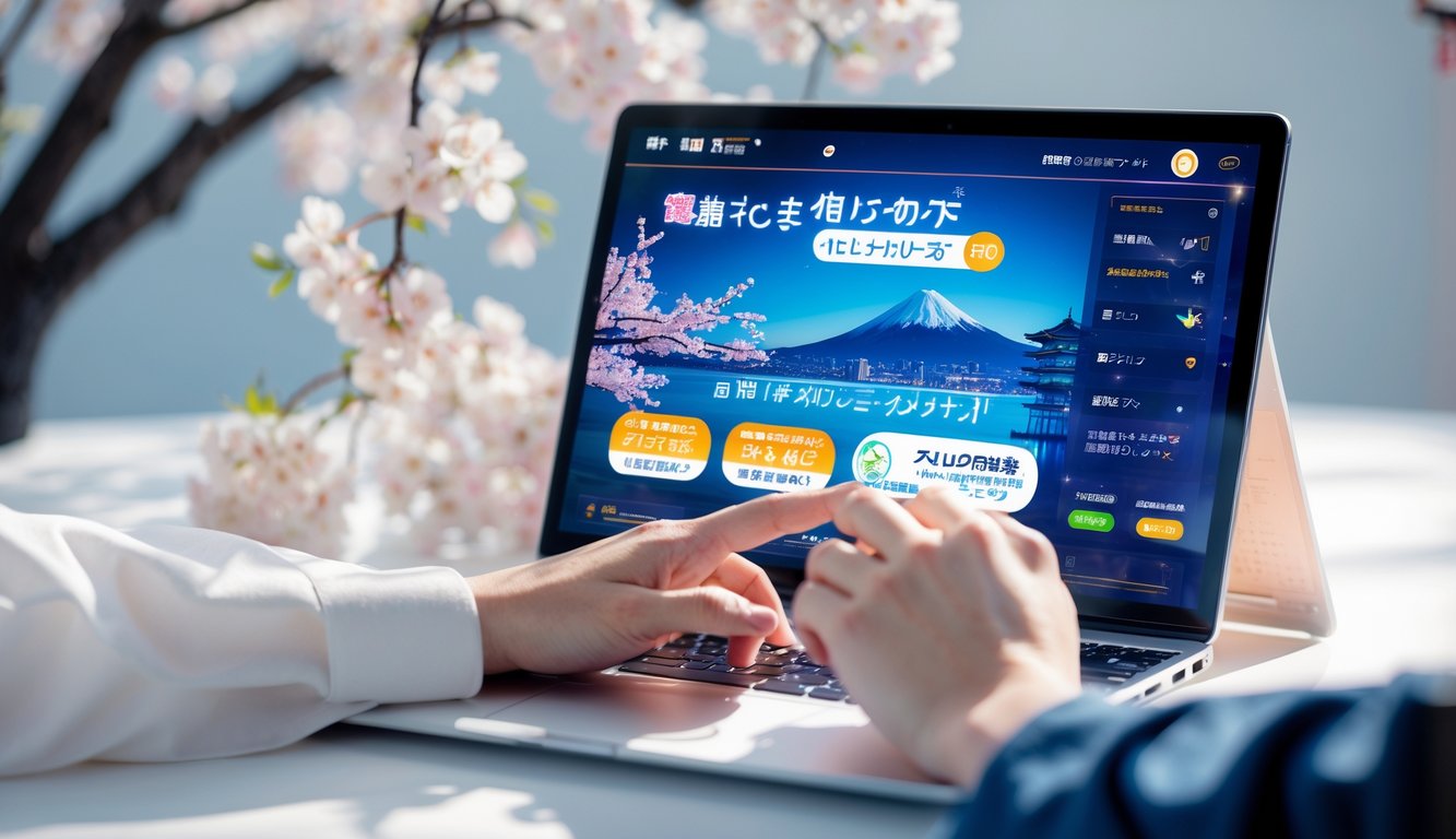 Seseorang menggunakan perangkat digital untuk bermain togel online dengan latar belakang elemen budaya Jepang.