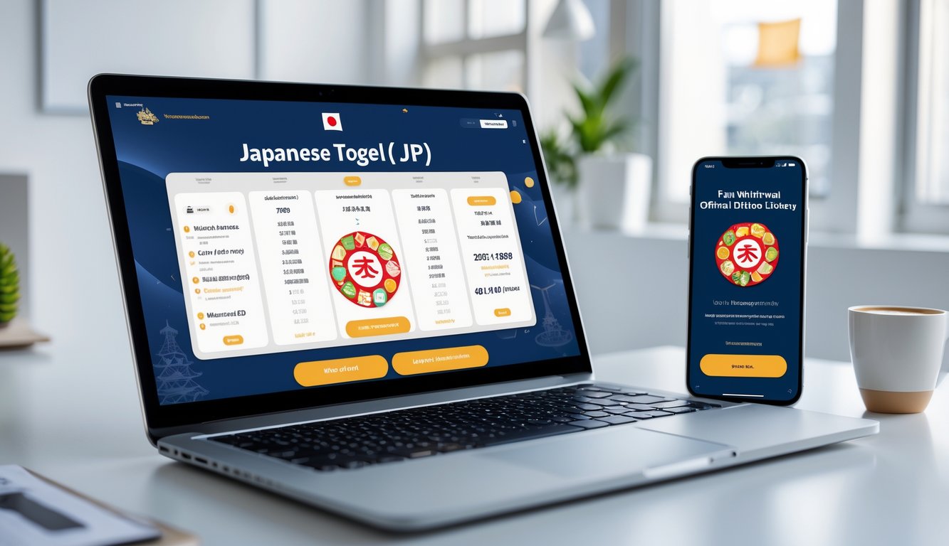 Meja kerja modern dengan laptop dan ponsel yang menampilkan antarmuka lotere online Jepang, di ruang kantor yang terang dan rapi.