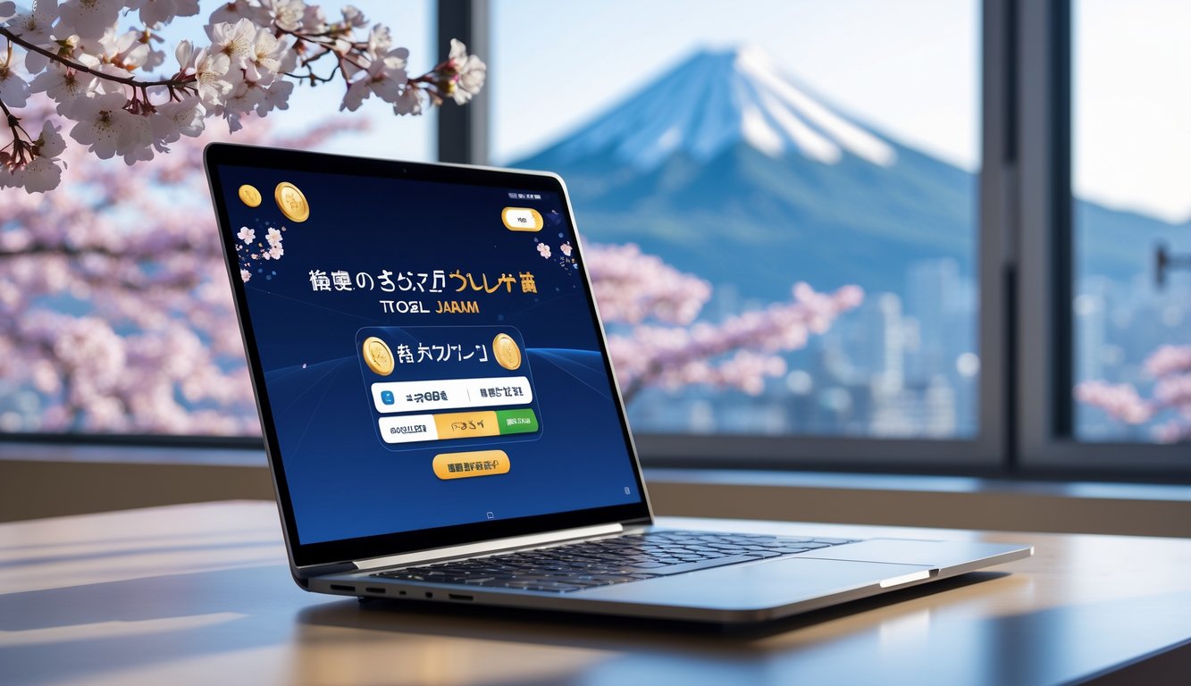 Seseorang menggunakan laptop di meja kerja yang rapi dengan tampilan antarmuka lotere Jepang di layar, dikelilingi elemen budaya Jepang seperti bunga sakura dan siluet Gunung Fuji.