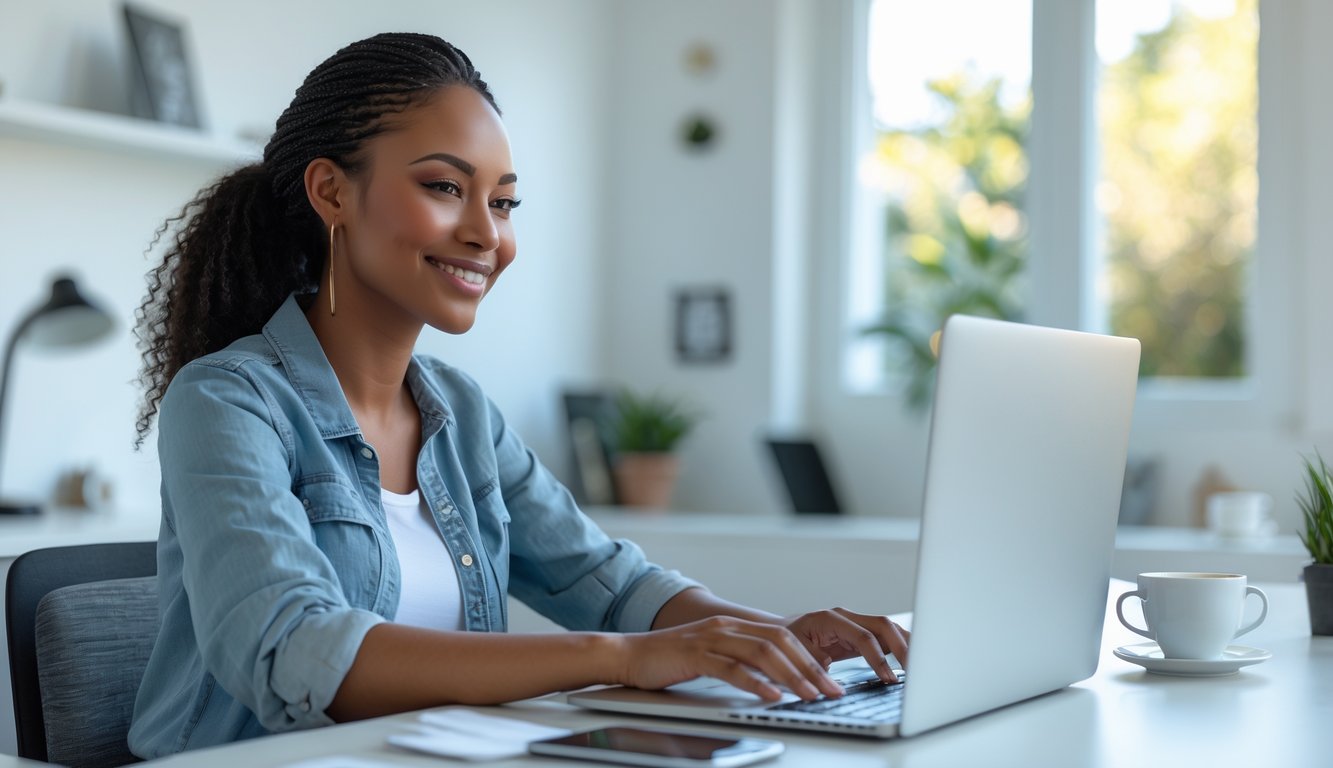 Seorang wanita muda duduk di meja dengan laptop di depan, tersenyum dan terlihat santai di ruang kerja rumah yang terang.
