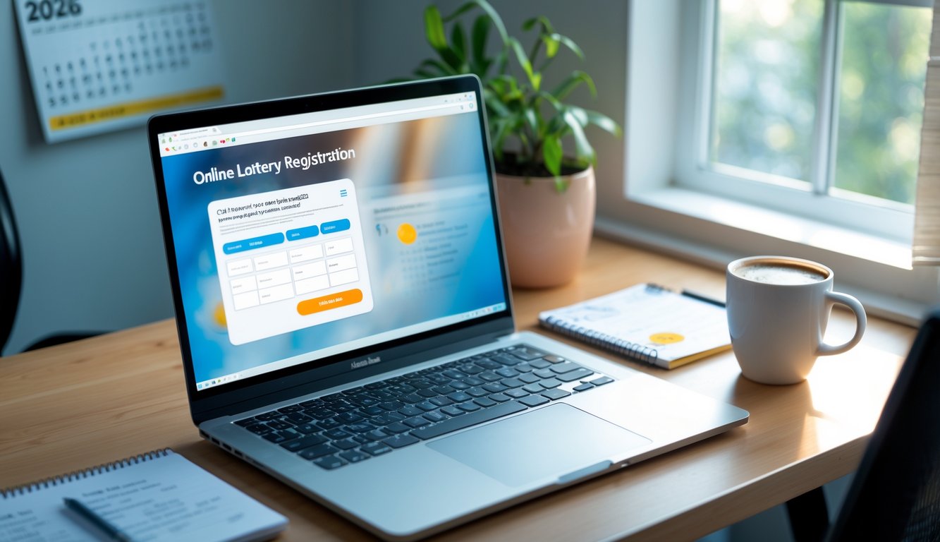 Meja kerja dengan laptop, ponsel, dan secangkir kopi yang menunjukkan proses pendaftaran togel online resmi.