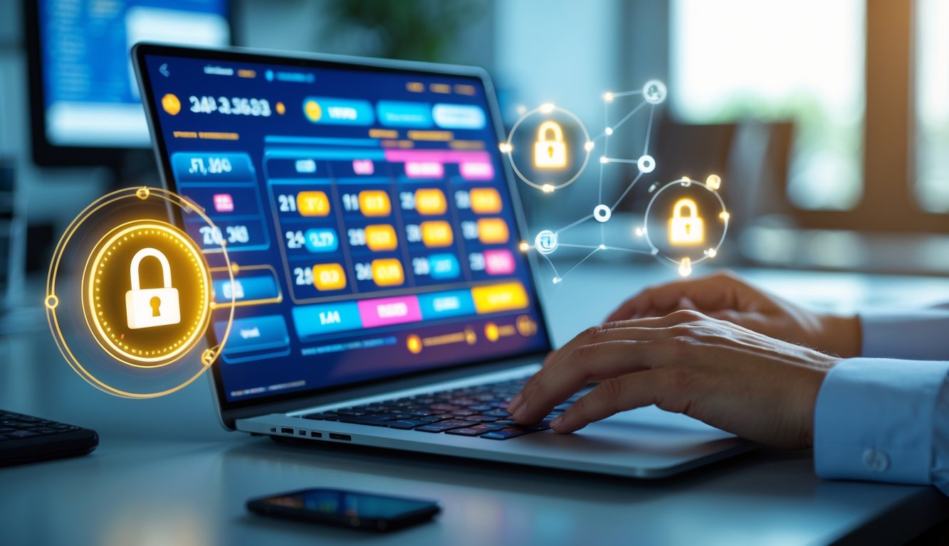 Seorang pengguna sedang menggunakan laptop di kantor yang rapi dengan layar menampilkan antarmuka permainan togel online.