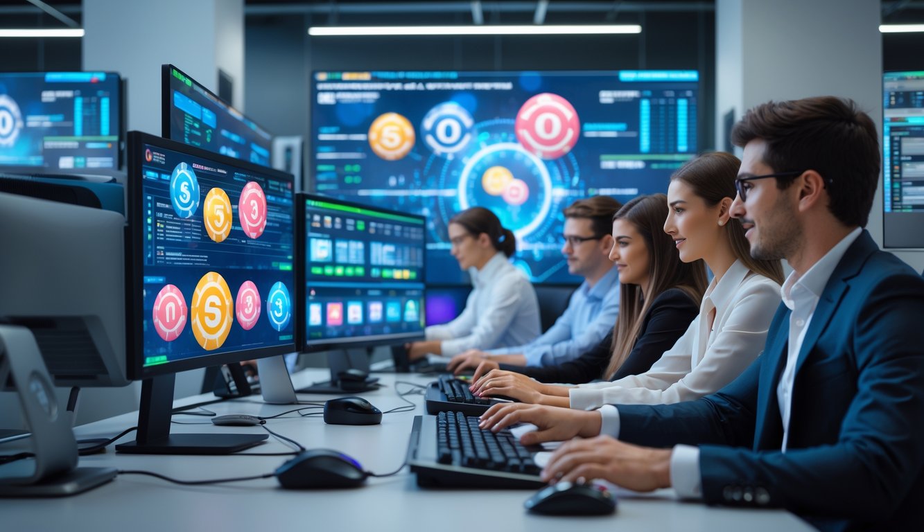Sejumlah profesional muda bekerja di kantor modern dengan komputer menampilkan grafik digital terkait permainan togel dan data, menunjukkan suasana kerja yang terpercaya dan resmi.