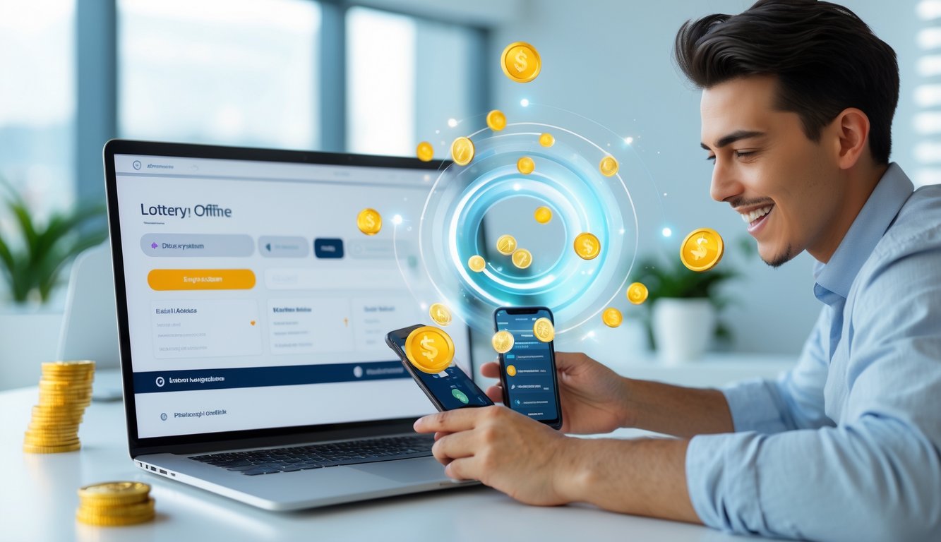 Seseorang menggunakan laptop dan ponsel di meja dengan tampilan platform lotere online yang modern dan elemen bonus digital di sekitarnya.