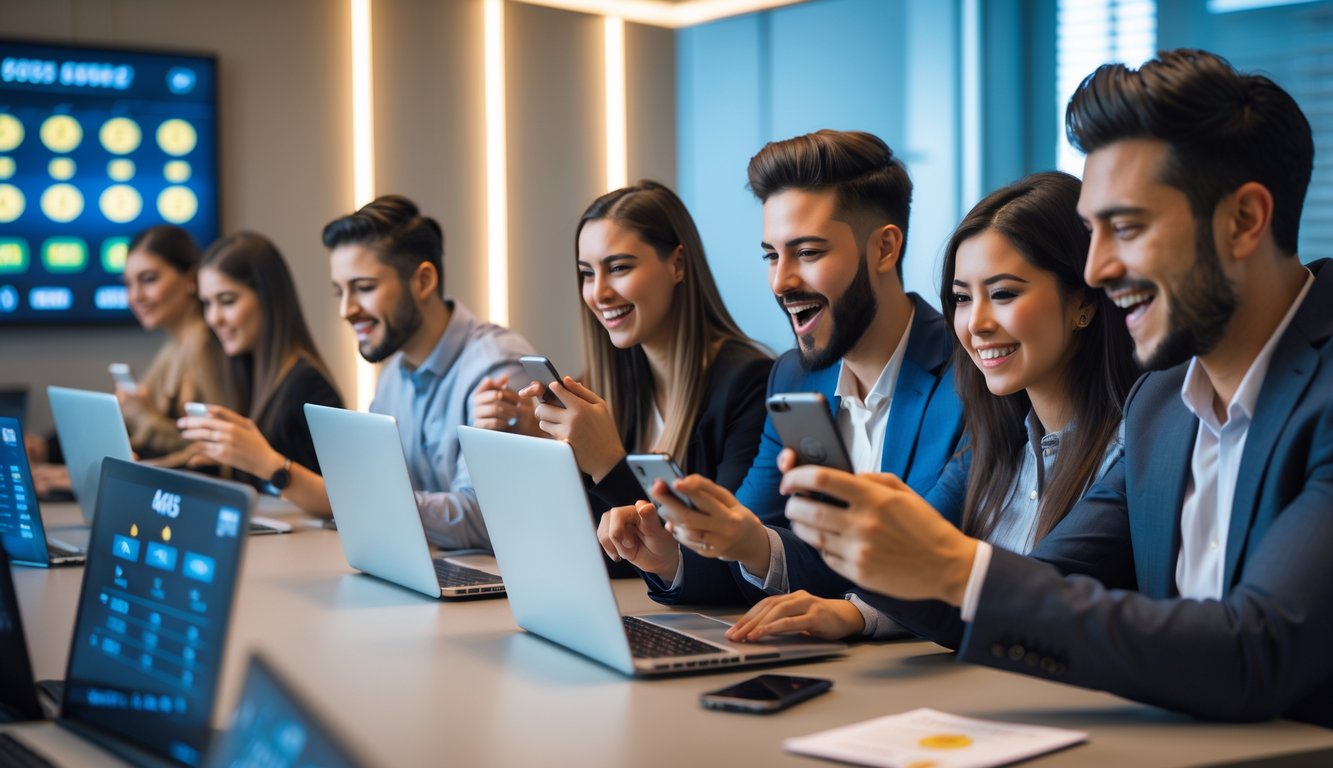 Sekelompok orang muda menggunakan laptop dan ponsel di kantor modern yang terang, fokus pada aktivitas permainan togel online.