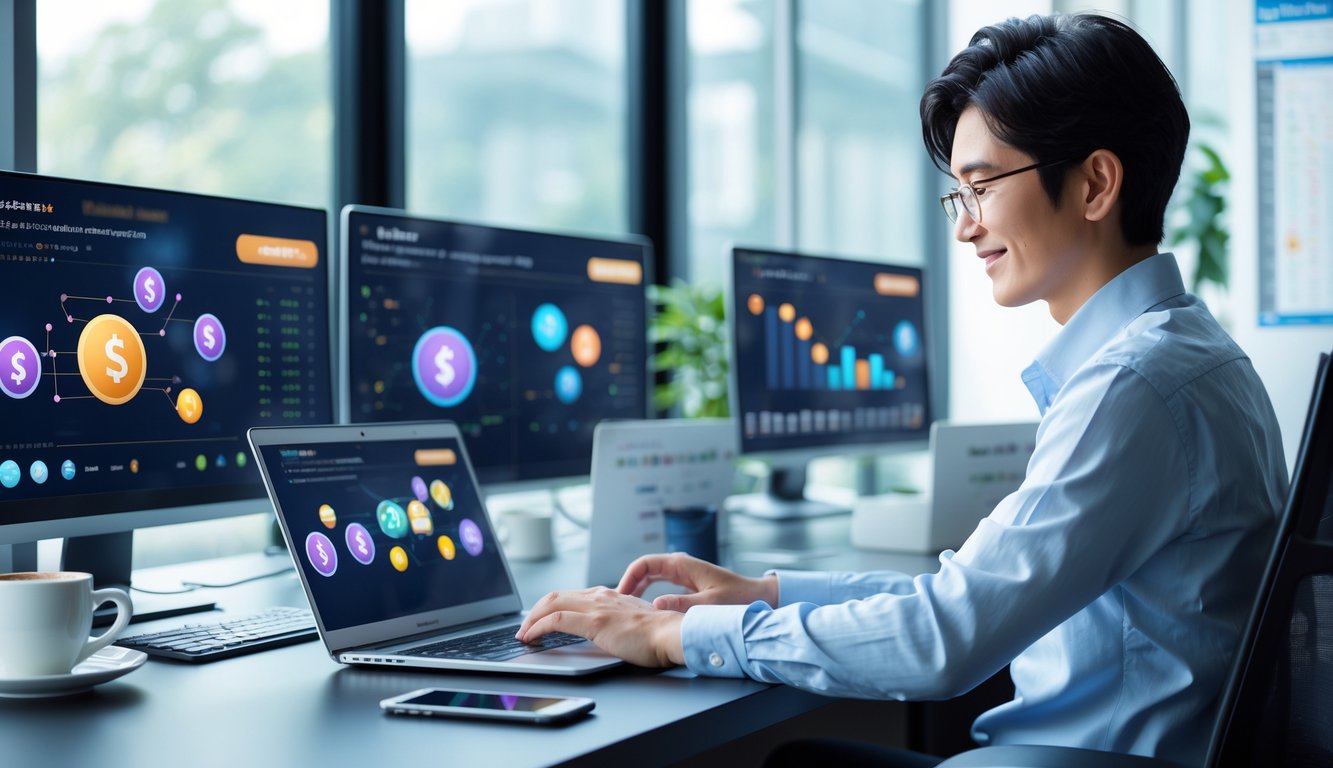 Seorang dewasa muda sedang bekerja di meja dengan beberapa monitor komputer yang menampilkan grafik digital lotere, menggunakan laptop dan ponsel di ruangan kantor yang terang.