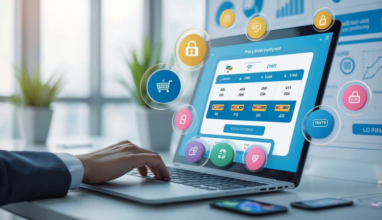 Seorang pengguna menggunakan komputer dengan tampilan platform lotere online dan simbol pembayaran cepat di latar kantor modern.