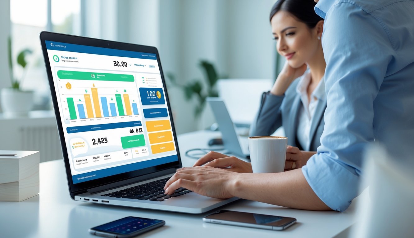 Seseorang menggunakan laptop di kantor dengan tampilan antarmuka pembayaran cepat pada layar komputer.