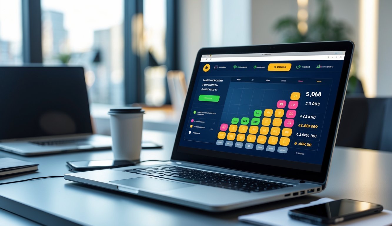 Sebuah ruang kerja modern dengan laptop menampilkan antarmuka situs judi online dan alat tulis di meja.