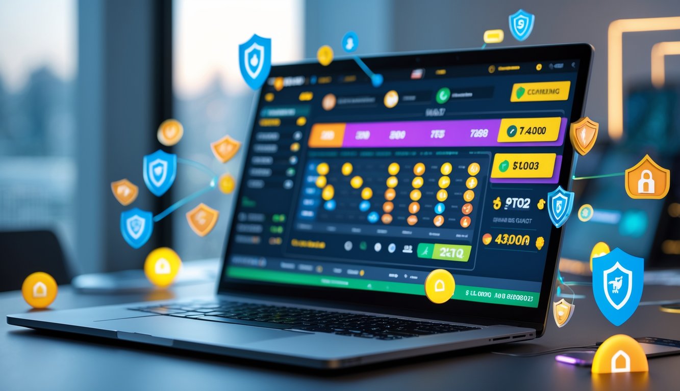 Seorang pengguna di depan laptop dengan tampilan situs judi togel online yang aman dan resmi, di meja kerja modern dengan simbol keamanan digital di sekitar.