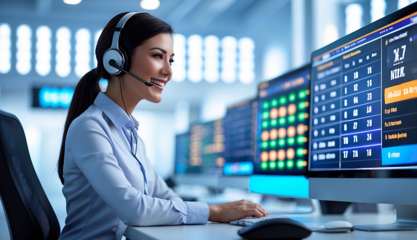 Seorang perwakilan layanan pelanggan dengan headset sedang bekerja di depan komputer dengan layar menampilkan angka lotre dan grafik, menunjukkan layanan online nonstop.