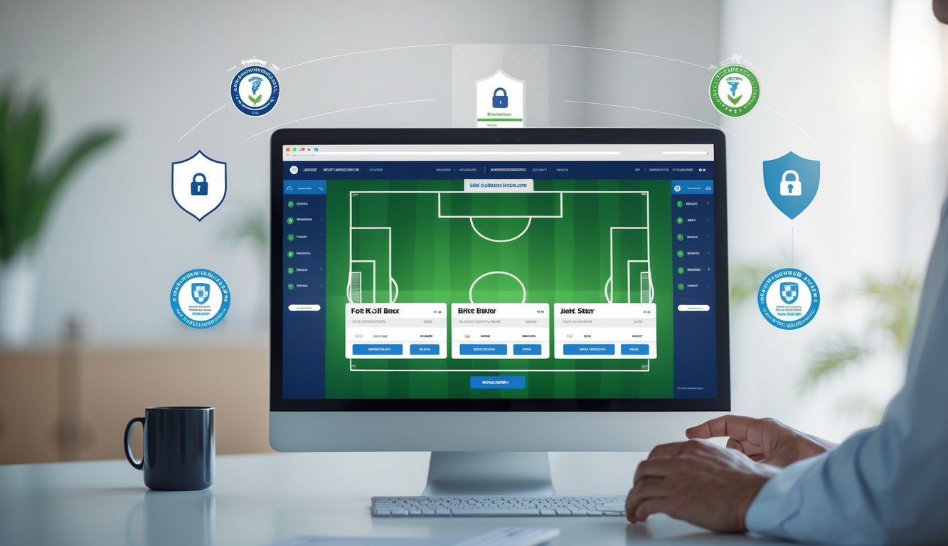 Seseorang menggunakan perangkat digital untuk memasang taruhan bola dengan tampilan antarmuka taruhan yang jelas dan elemen keamanan di latar belakang.