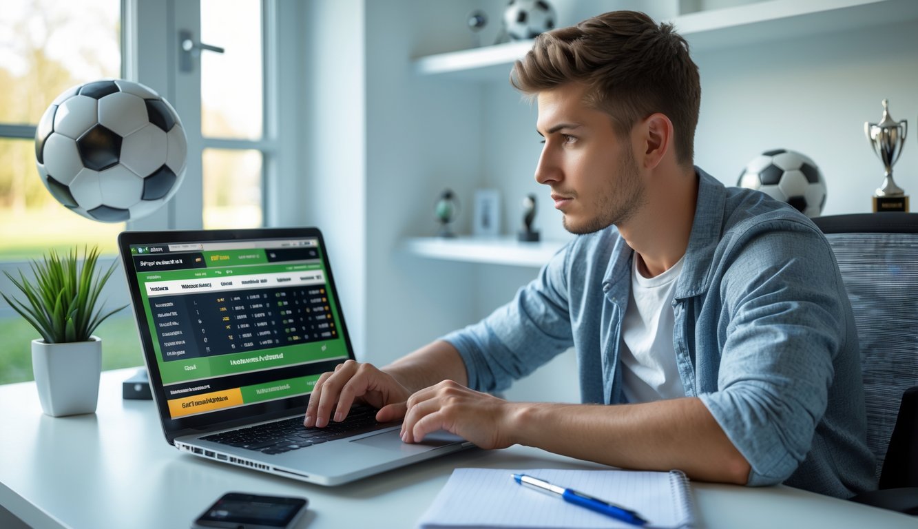 Seorang pria muda duduk di meja dengan laptop, menganalisis statistik sepak bola dan peluang taruhan dalam ruangan berornamen memorabilia sepak bola.