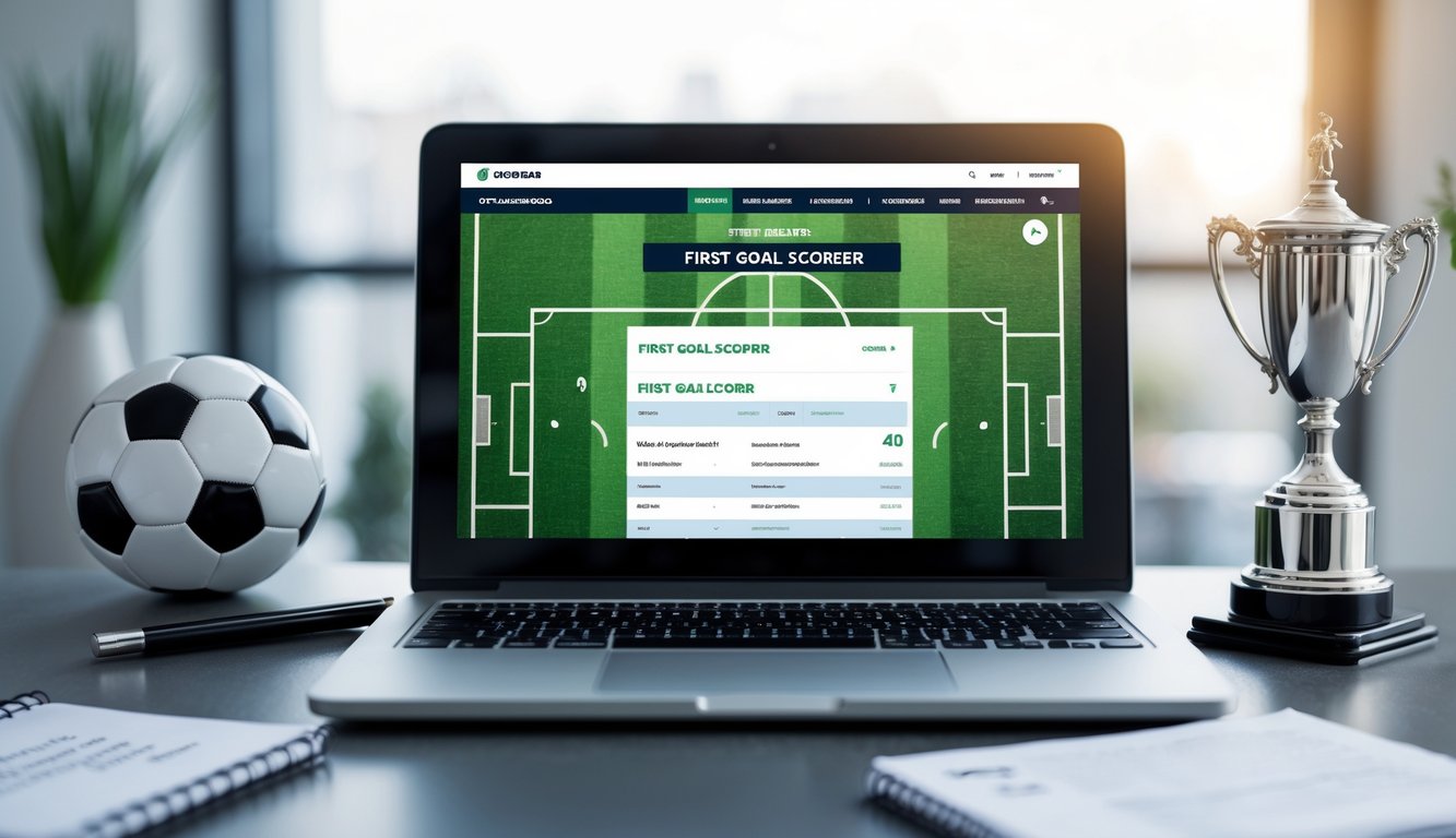 Seorang pengguna duduk di depan laptop dengan layar menampilkan antarmuka taruhan bola yang menyoroti pencetak gol pertama, di meja terdapat bola sepak dan trofi kecil.