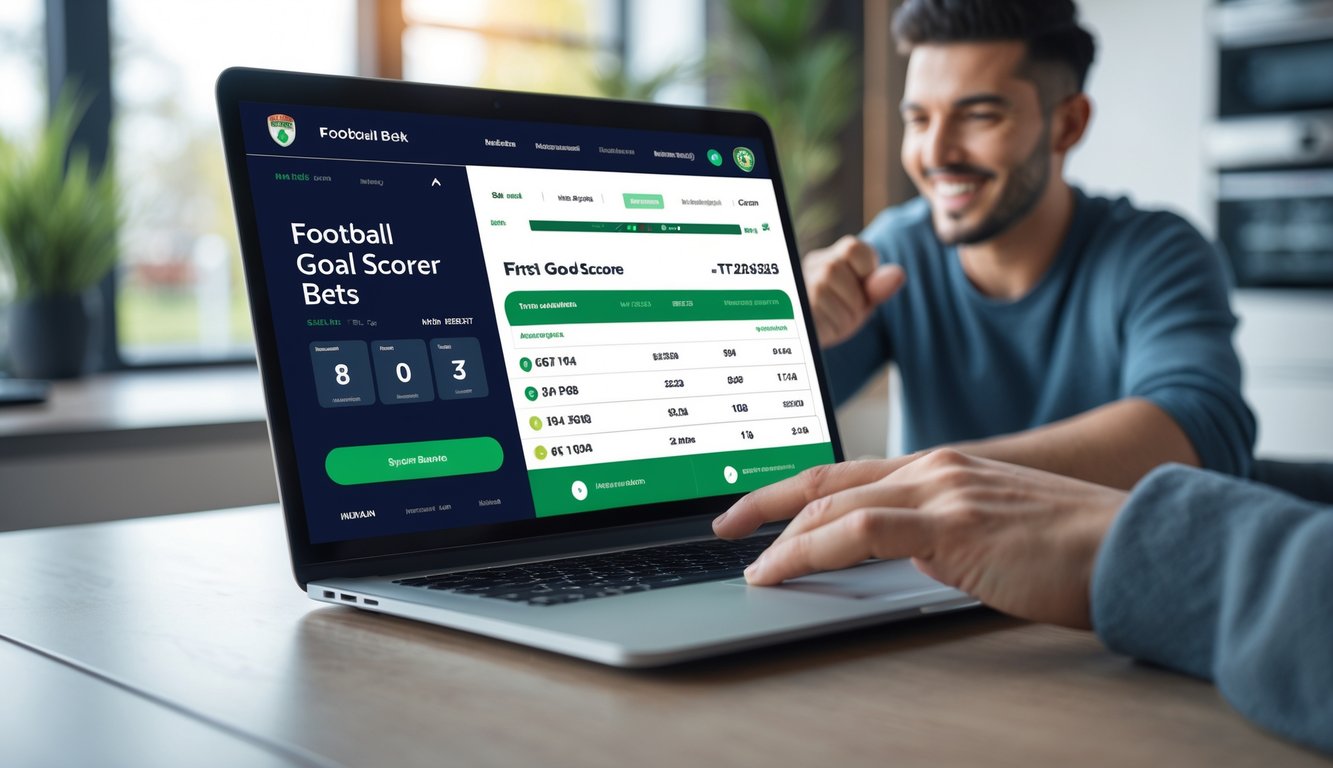 Seseorang menggunakan laptop atau ponsel untuk memasang taruhan bola secara online di lingkungan rumah atau kantor yang modern.