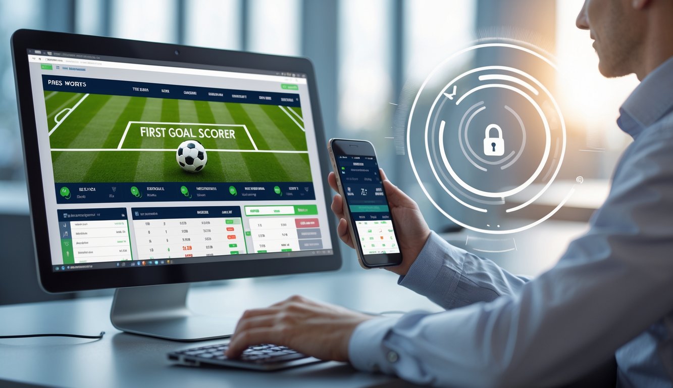 Seseorang menggunakan komputer untuk memasang taruhan sepak bola online dengan tampilan situs taruhan yang menampilkan statistik pertandingan dan opsi taruhan gol pertama.