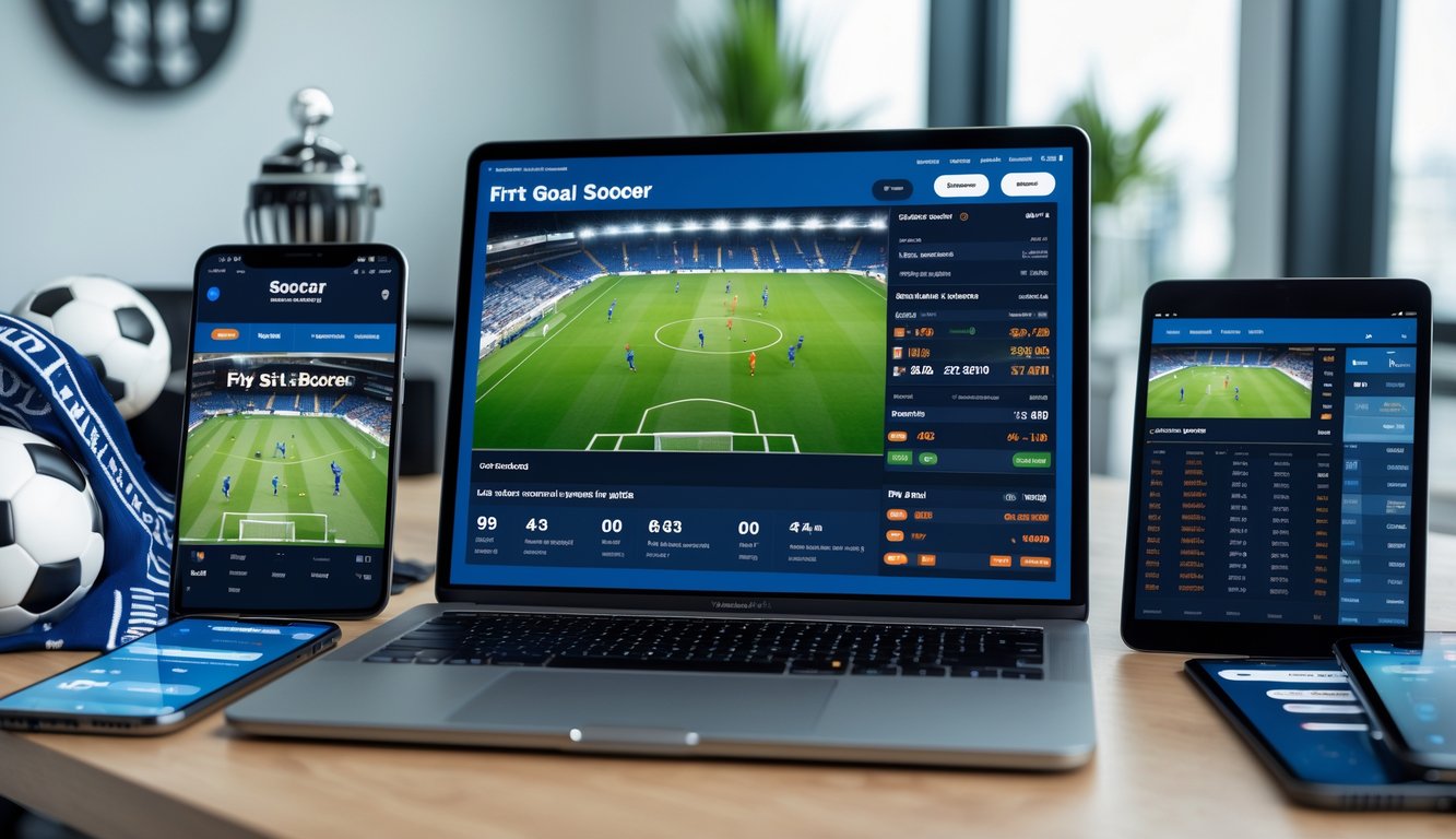 Seorang pria menggunakan laptop dan perangkat digital lain untuk memasang taruhan sepak bola secara online di sebuah ruang kerja yang terang dan rapi.