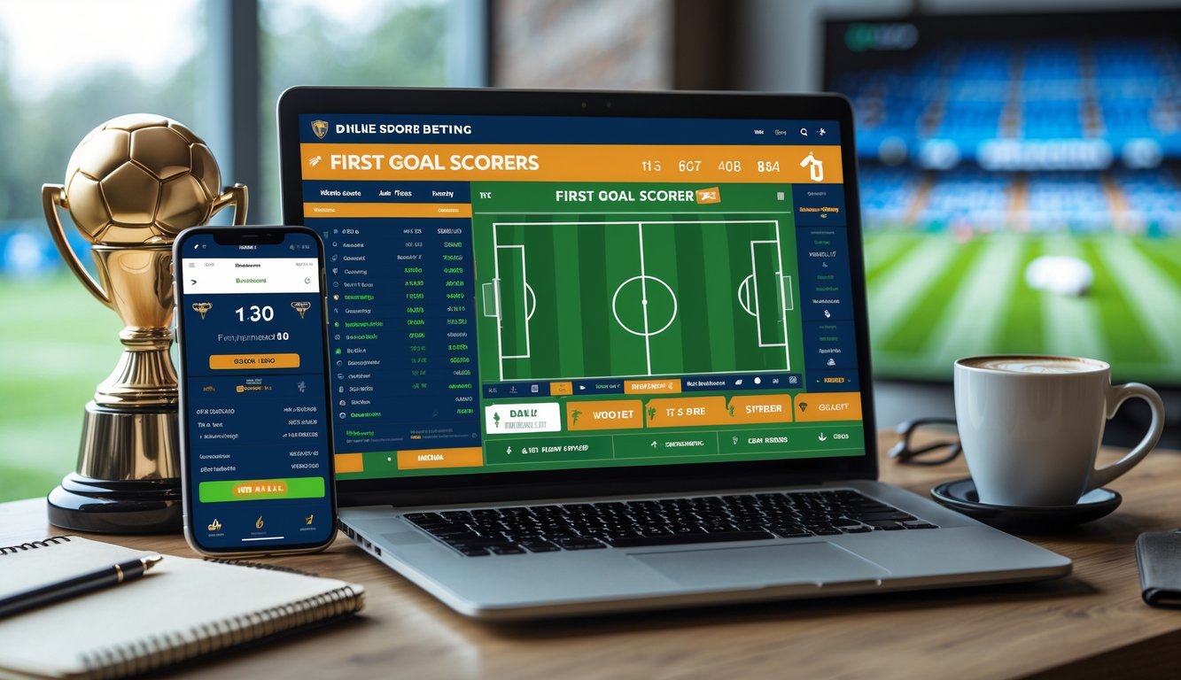 Seorang pria menggunakan laptop di meja kerja dengan tampilan antarmuka taruhan sepak bola online, dikelilingi oleh ponsel, kopi, dan dekorasi bertema sepak bola.