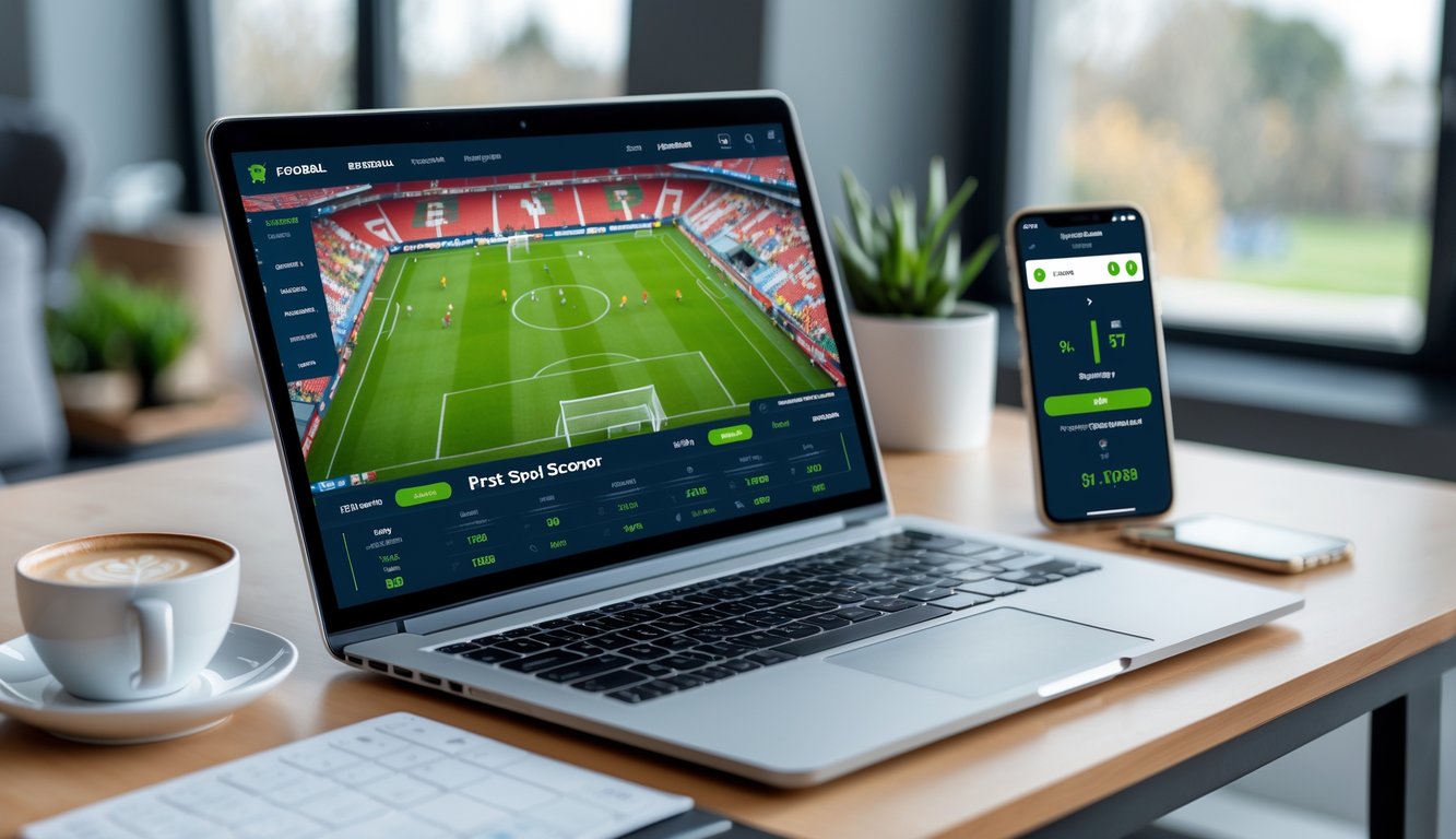 Seorang pria menggunakan laptop di meja kerja dengan layar menampilkan pertandingan sepak bola dan opsi taruhan pencetak gol pertama.